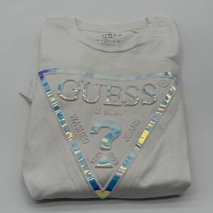 Men’s White Iridescent Guess Logo T Shirt
